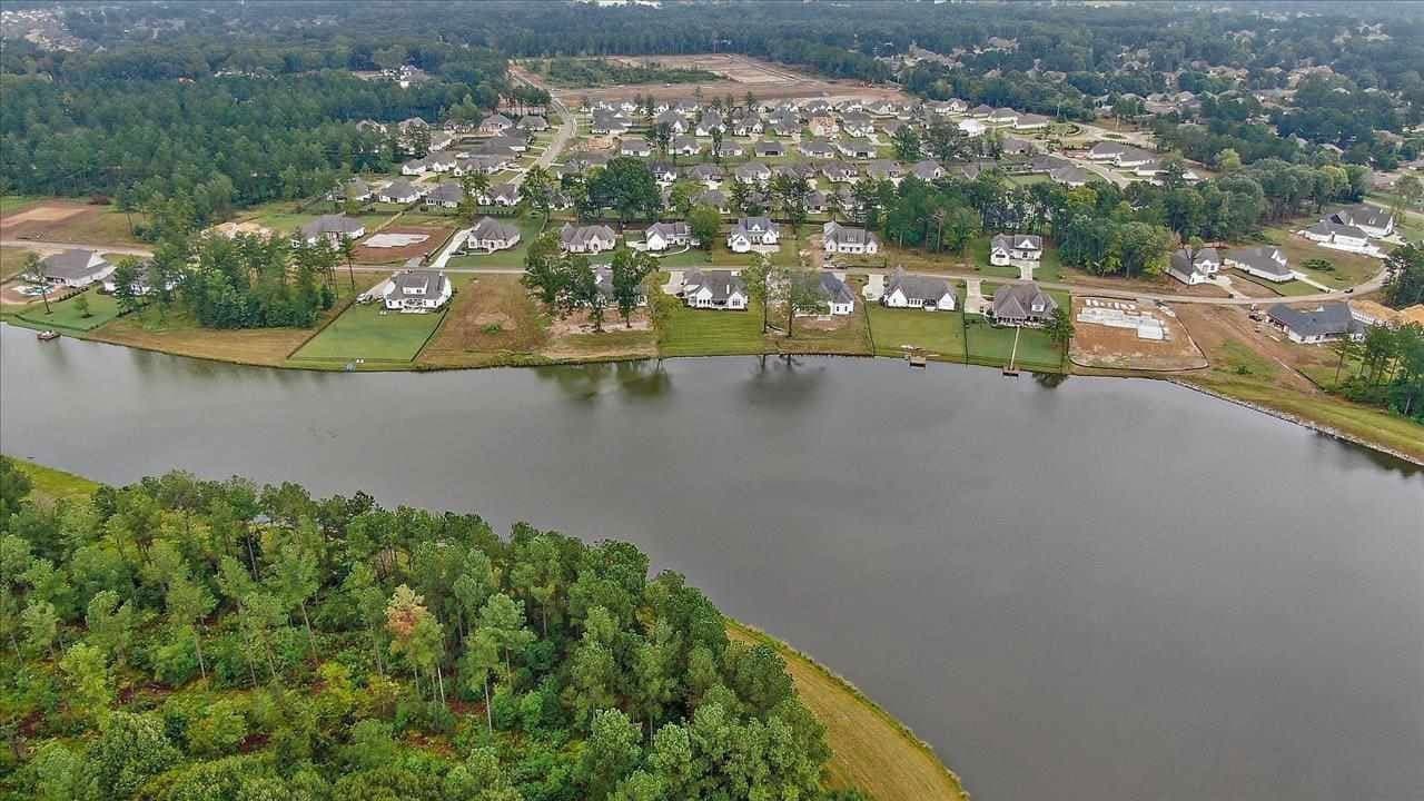 The neighborhood from the air in flat light, houses along the shore with cleared ground beyond them